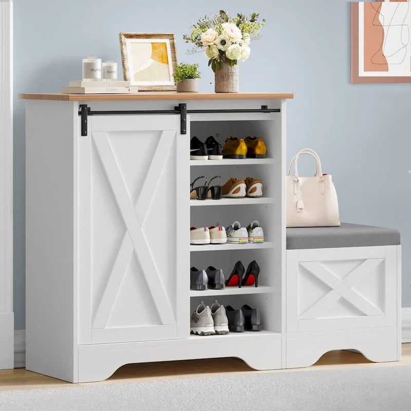 Szafka na buty w stylu wiejskim (farmhouse) z przesuwnymi drzwiami, ławką do butów, 5‑poziomowa szafka do przechowywania obuwia z regulowanymi półkami – na 20 par
